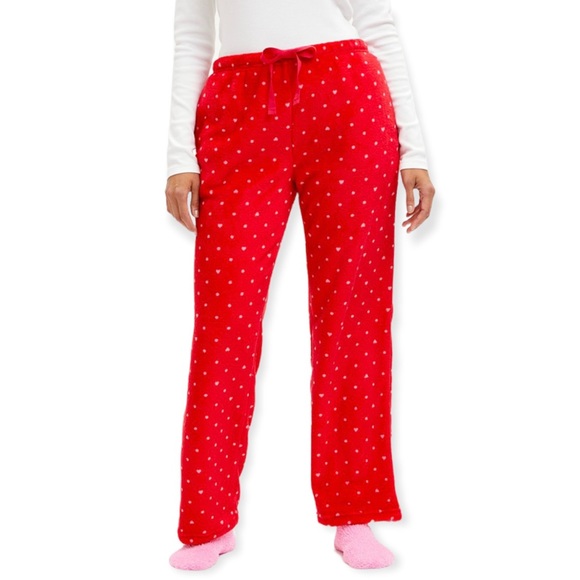 LAURA ASHLEY Fleece Pajama Bottoms & Fuzzy Pink Sock Set Red Pink Dot PJ Pants - Picture 1 of 8